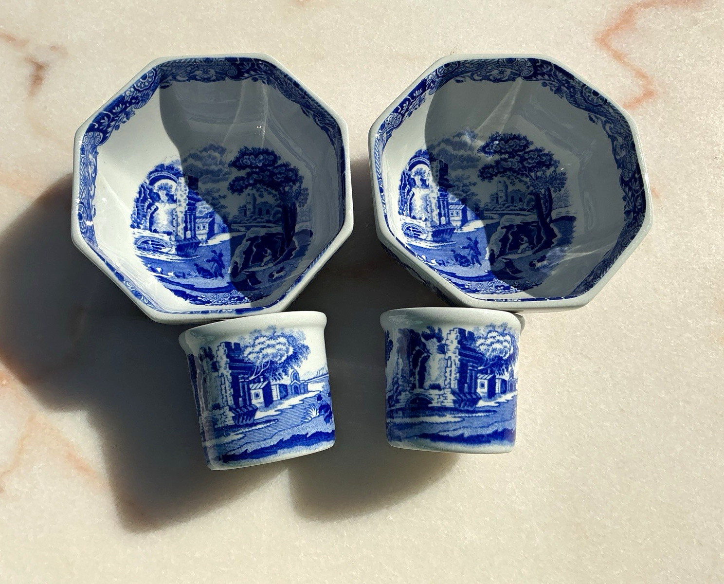 Spode Italian Blue & White 2 Egg Cups & 2 Mini Fruit Octagonal Bowls England 