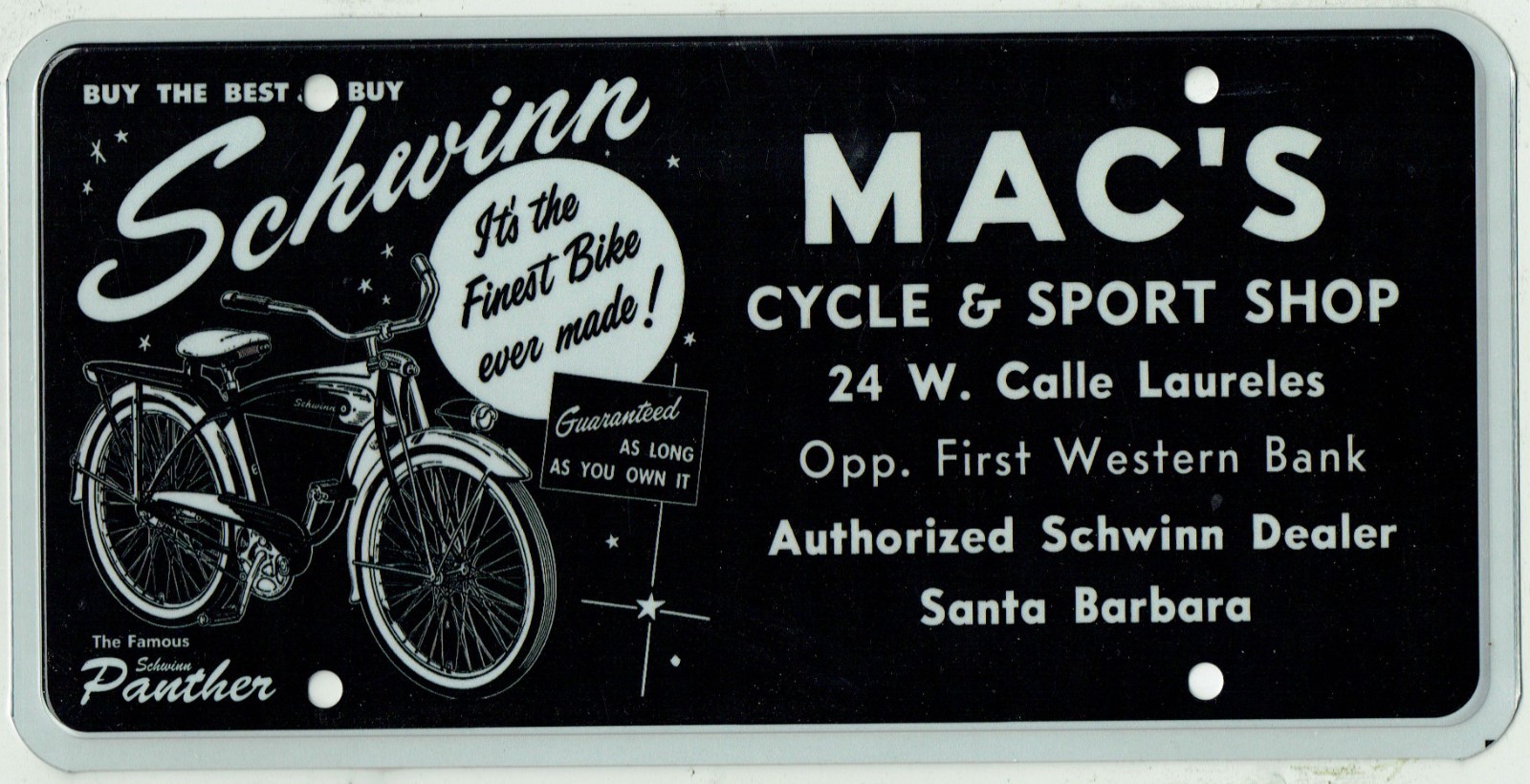 Santa Barbara California Mac\'s Shop Vintage Schwinn Bicycle Dealer License Plate
