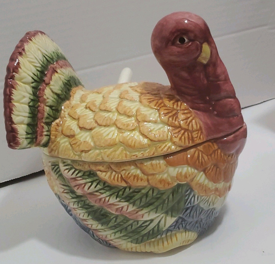 Vintage Benchmark Harvest Time Ceramic Thanksgiving Turkey Gravy Tureen w/ladle