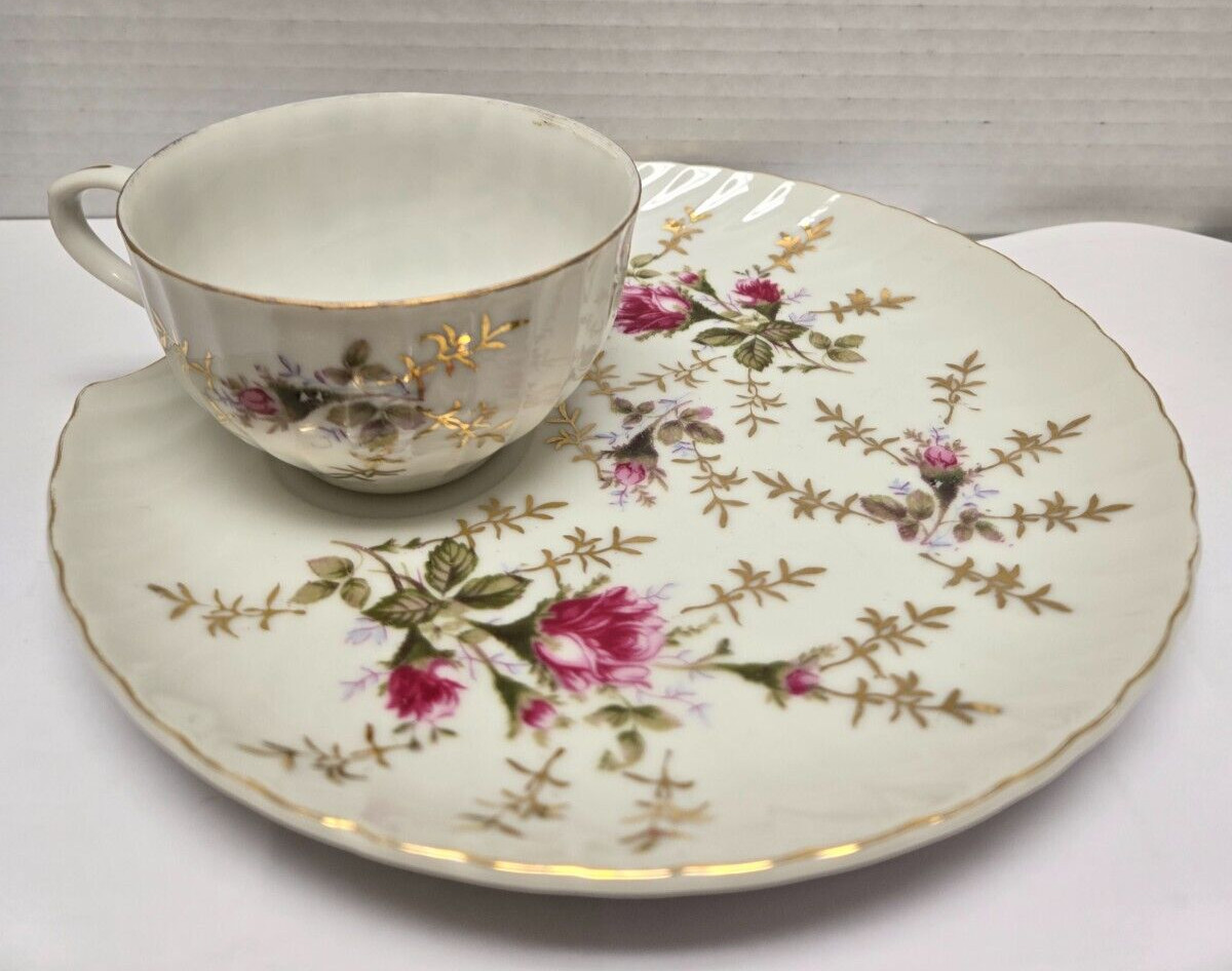 Vintage Pink Roses teacup and clam snack plate