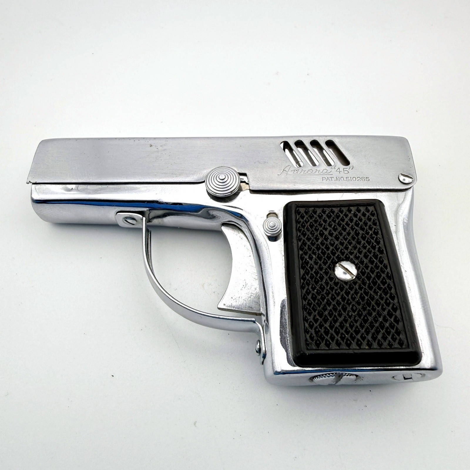 Vintage Aurora 45 Pistol Lighter Flashlight Japan Pat 510265 Chrome Orig Label