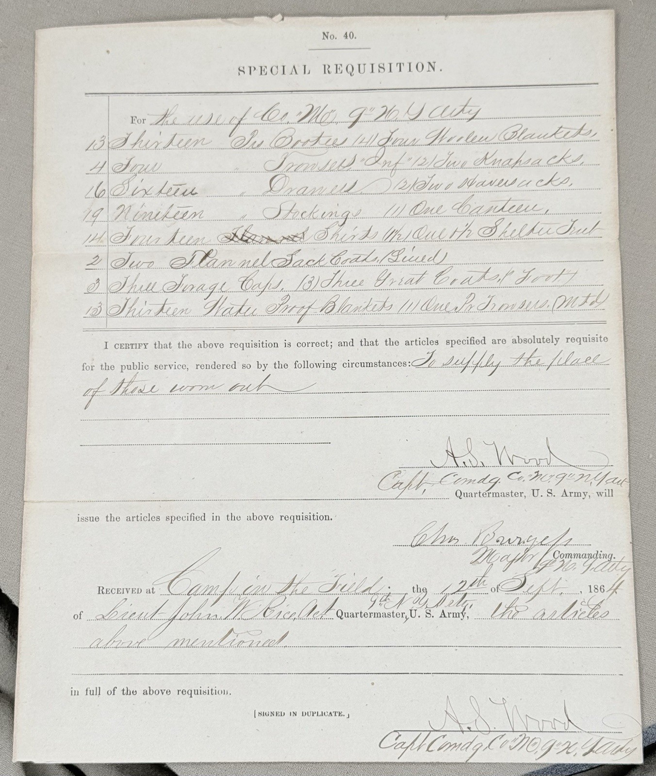 Civil War 1864 U.S. Army Special Requisition 9th New York Heavy Artillery