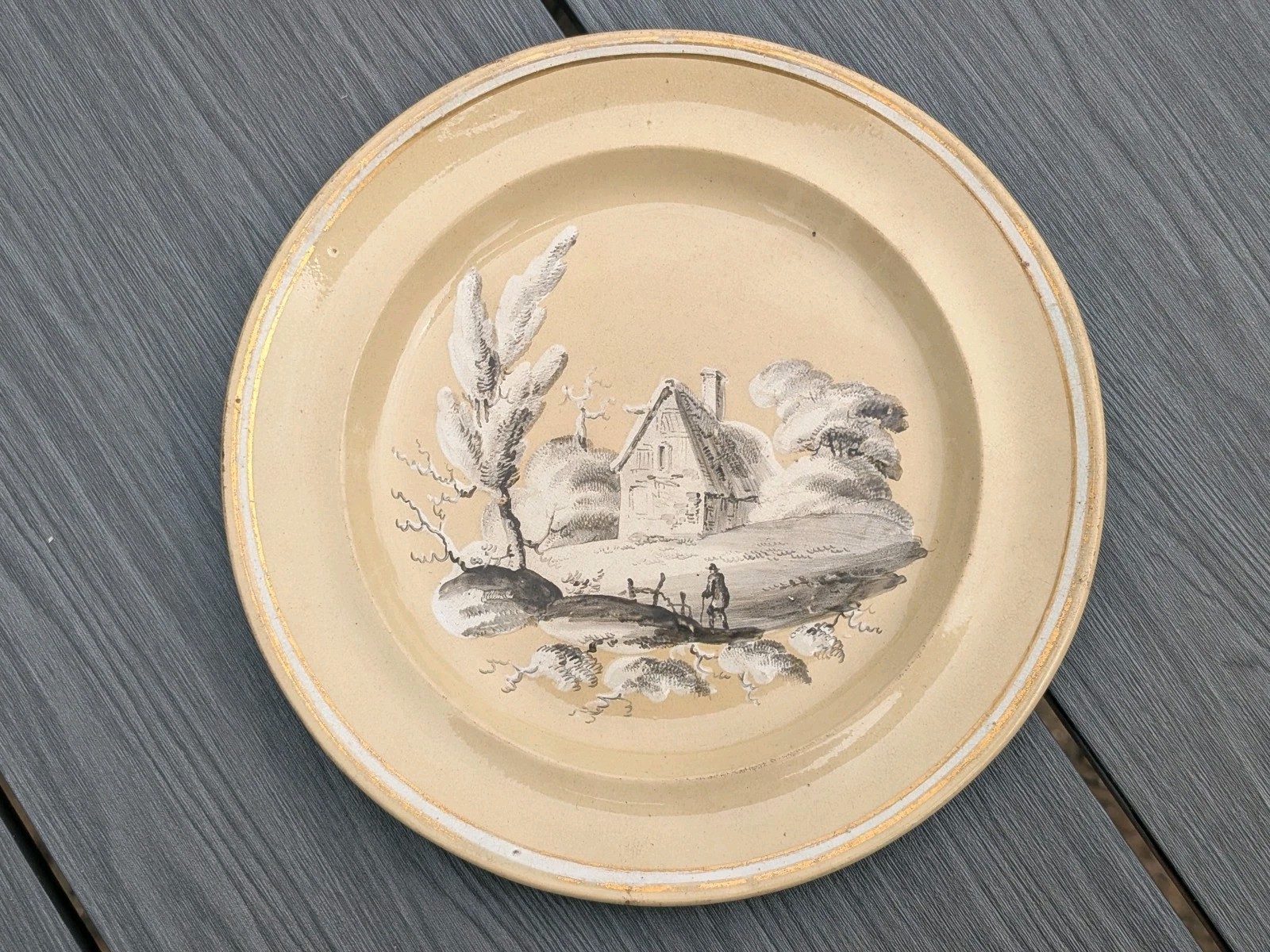 Antique c1810 Thomas Lakin English Drab Yellow Ware Plate Painted Cottage Figure