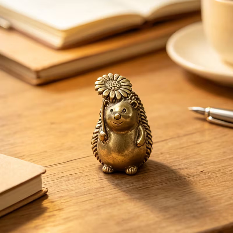 1pc Retro Brass Daisy Hedgehog Small Statue Ornament w Flower +?