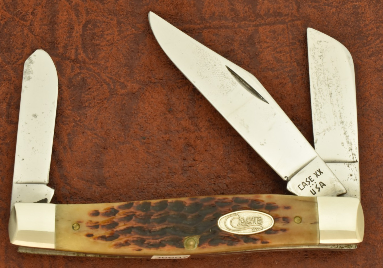 CASE XX USA 3 DOT 1987 BROWN JIGGED BONE JUMBO STOCKMAN KNIFE 6375 CV (36697)