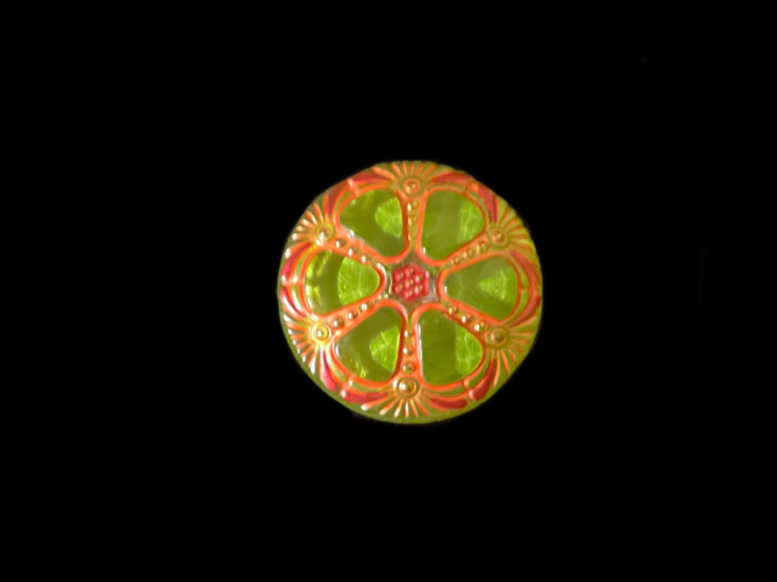 27mm Vintage Czech Glass Lime Green With Orange  Wheel Button