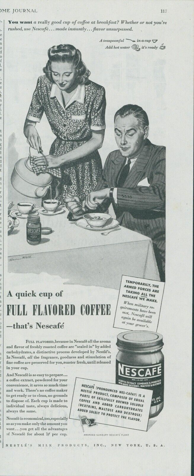 1944 Nescafe Instant Coffee Breakfast Man Suit Woman Serving Pot Print Ad LHJ1