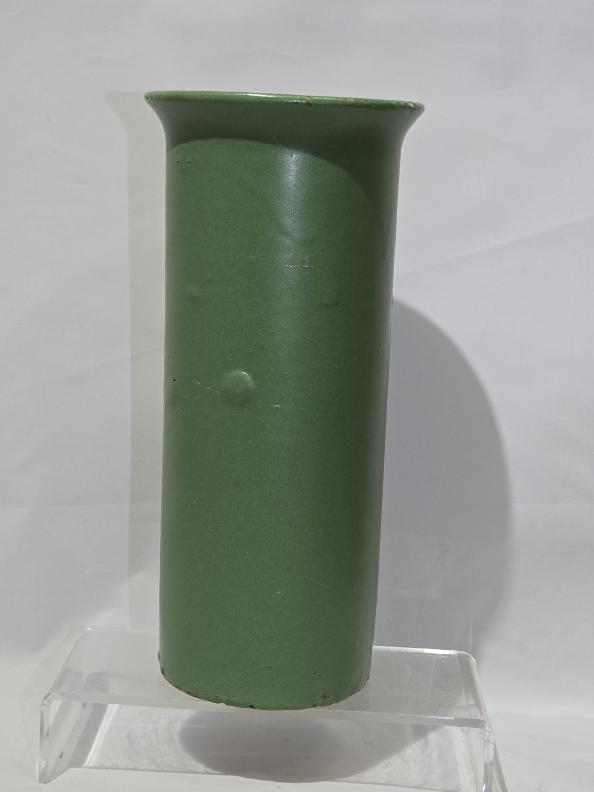Vintage Zanesville Stoneware Matte Green Cylinder Vase Arts Crafts Pottery 9.25