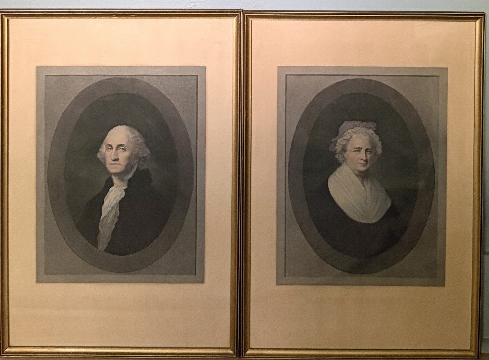 Antique George & Martha Washington Engraved Colored Portrait Gilbert Stuart