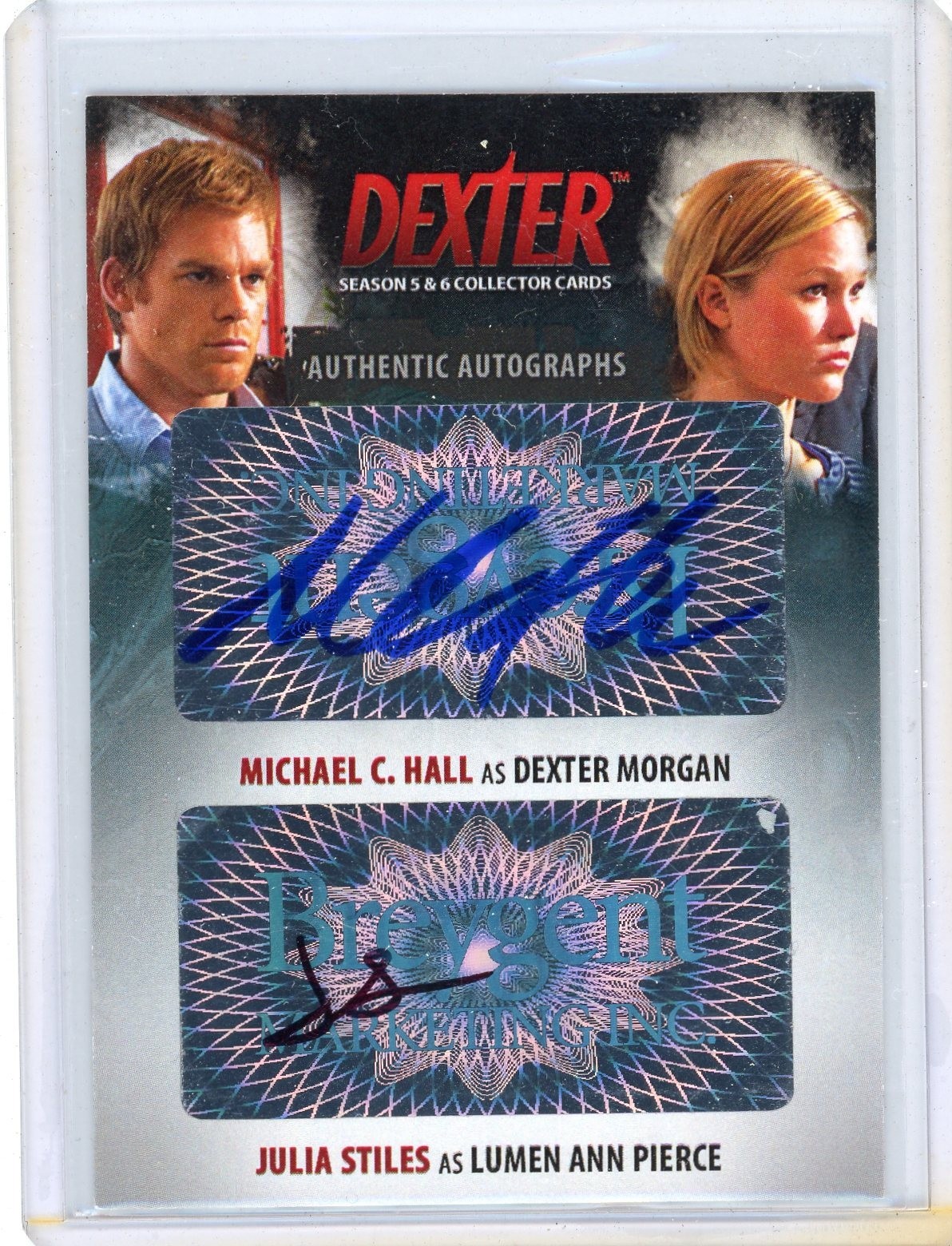MICHAEL C. HALL/JULIA STILES 2015 BREYGENT DEXTER SEASON 5&6 DOUBLE AUTO CARD