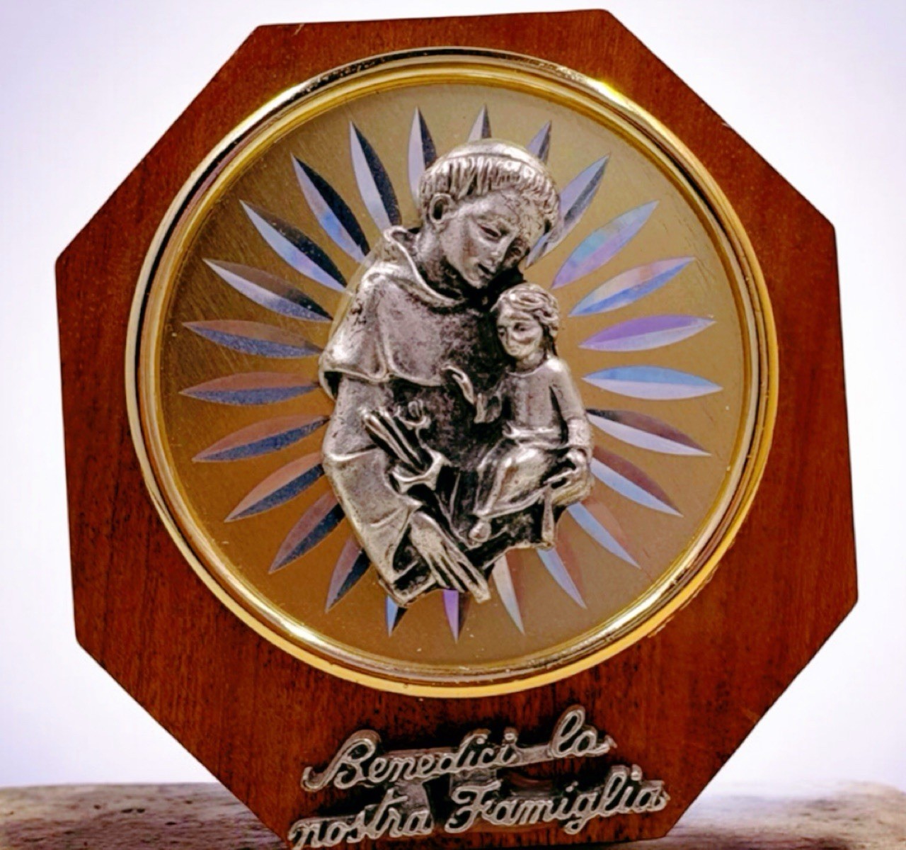 VTG St Anthony Of Padua Jesus Christ Child  Wooden Base Embossed Metal Italy