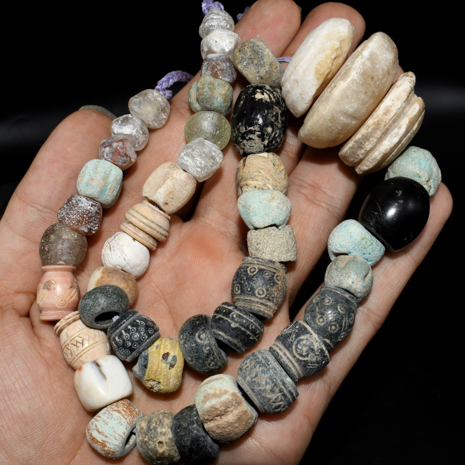 Ancient Near Eastern Glass Eye Beads Strand Antique Terra Cotta Spindle Whorl