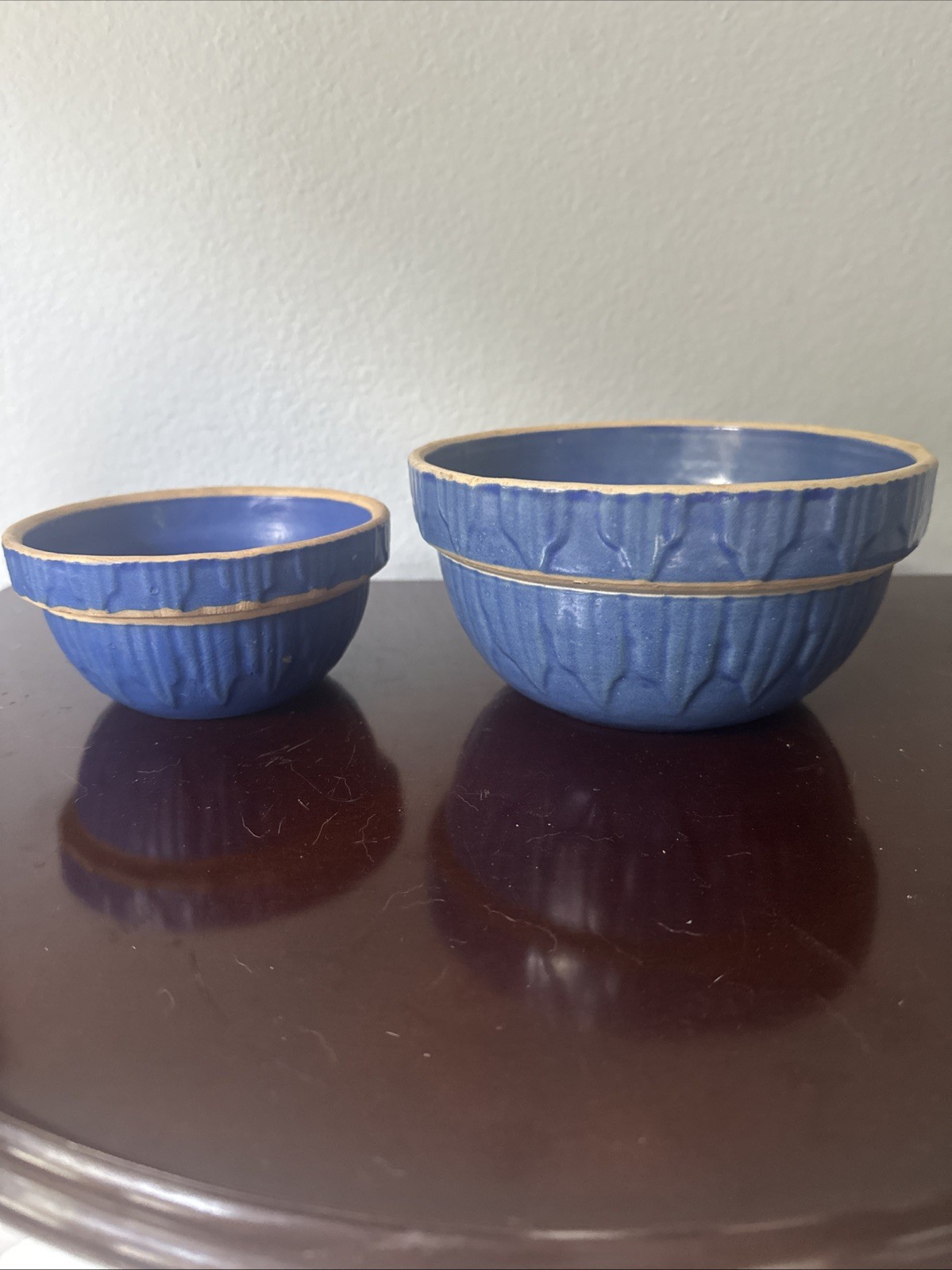 Two Matching Blue Antique Mixing / Nesting Bowls Unmarked 5” & 7”