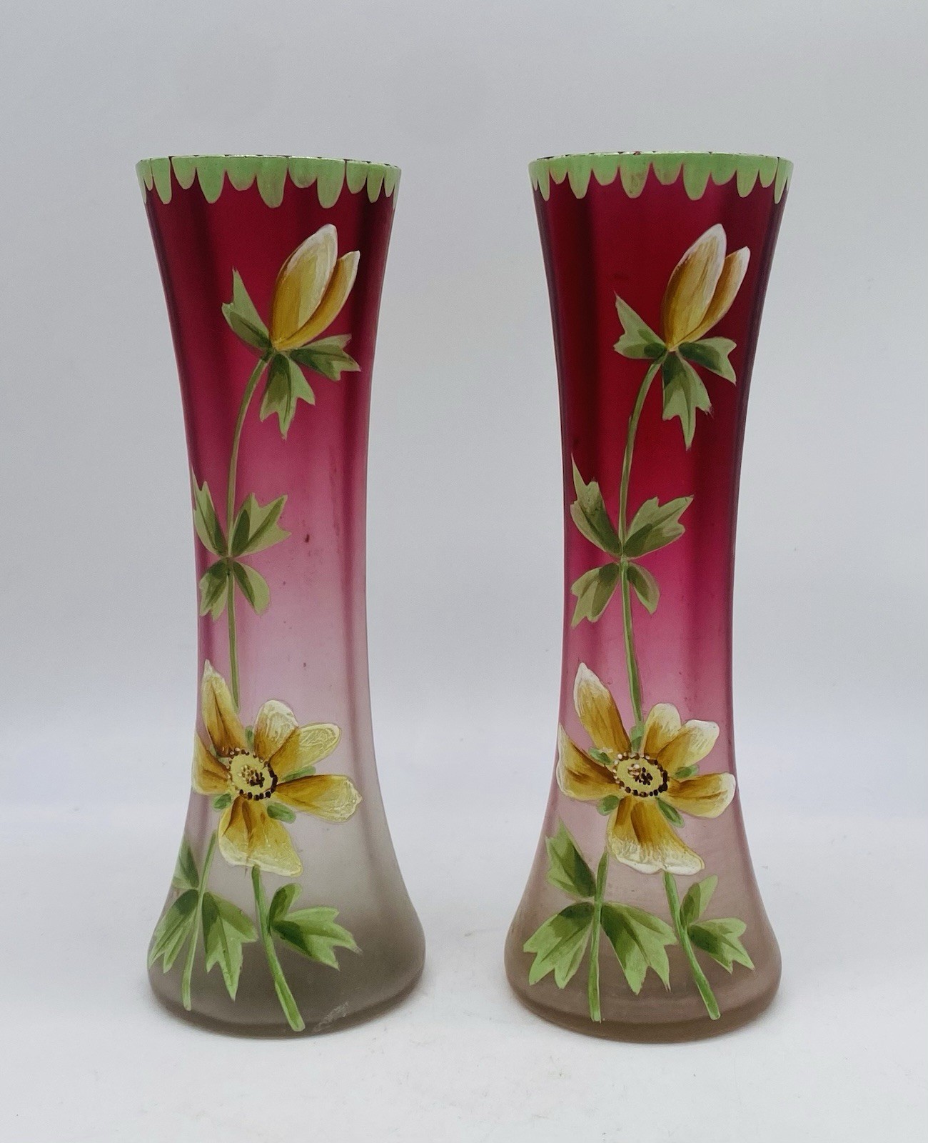 Gorgeous Pair Of ART NOUVEAU Rubina Satin Glass Vase With Beautiful Floral Ename