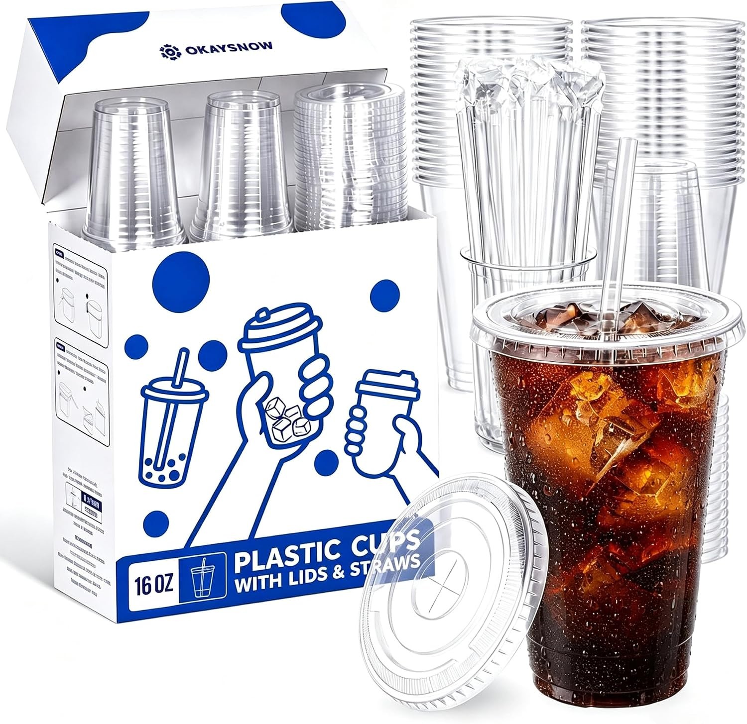 100 Pack 16 oz Clear Plastic Cups with Lids and Straws for Ice Coffee | Organize