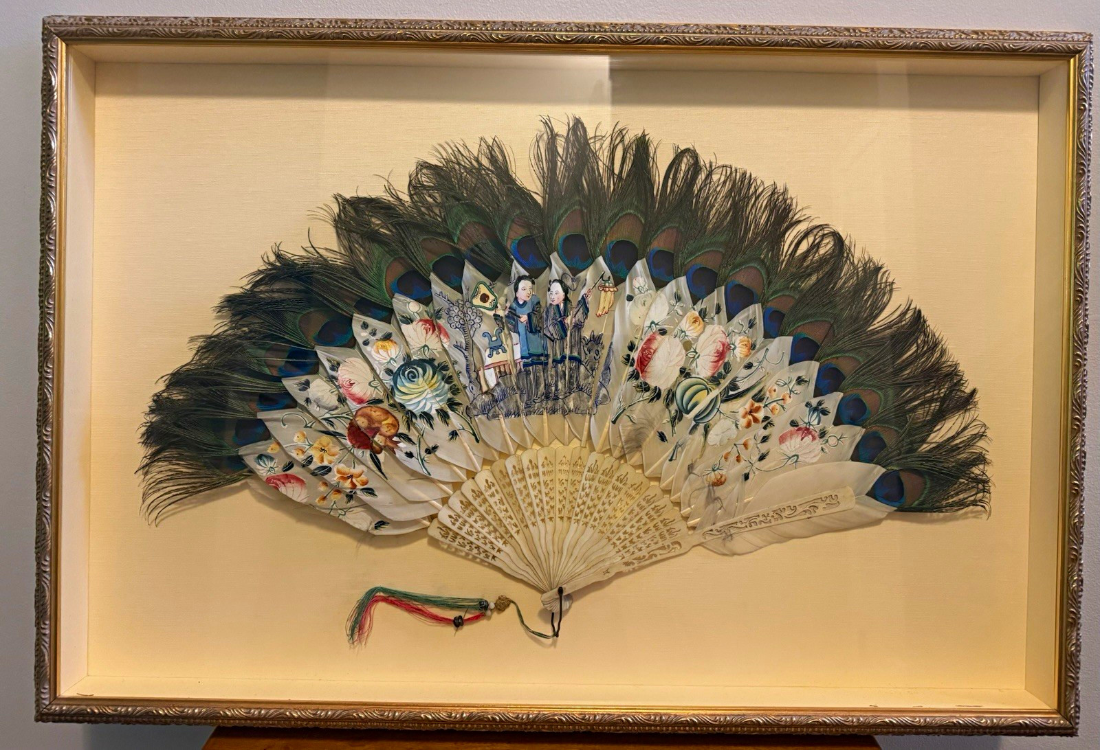  Antique 19th C. Chinese Export Peacock Feather Fan in Gilt Shadowbox Frame