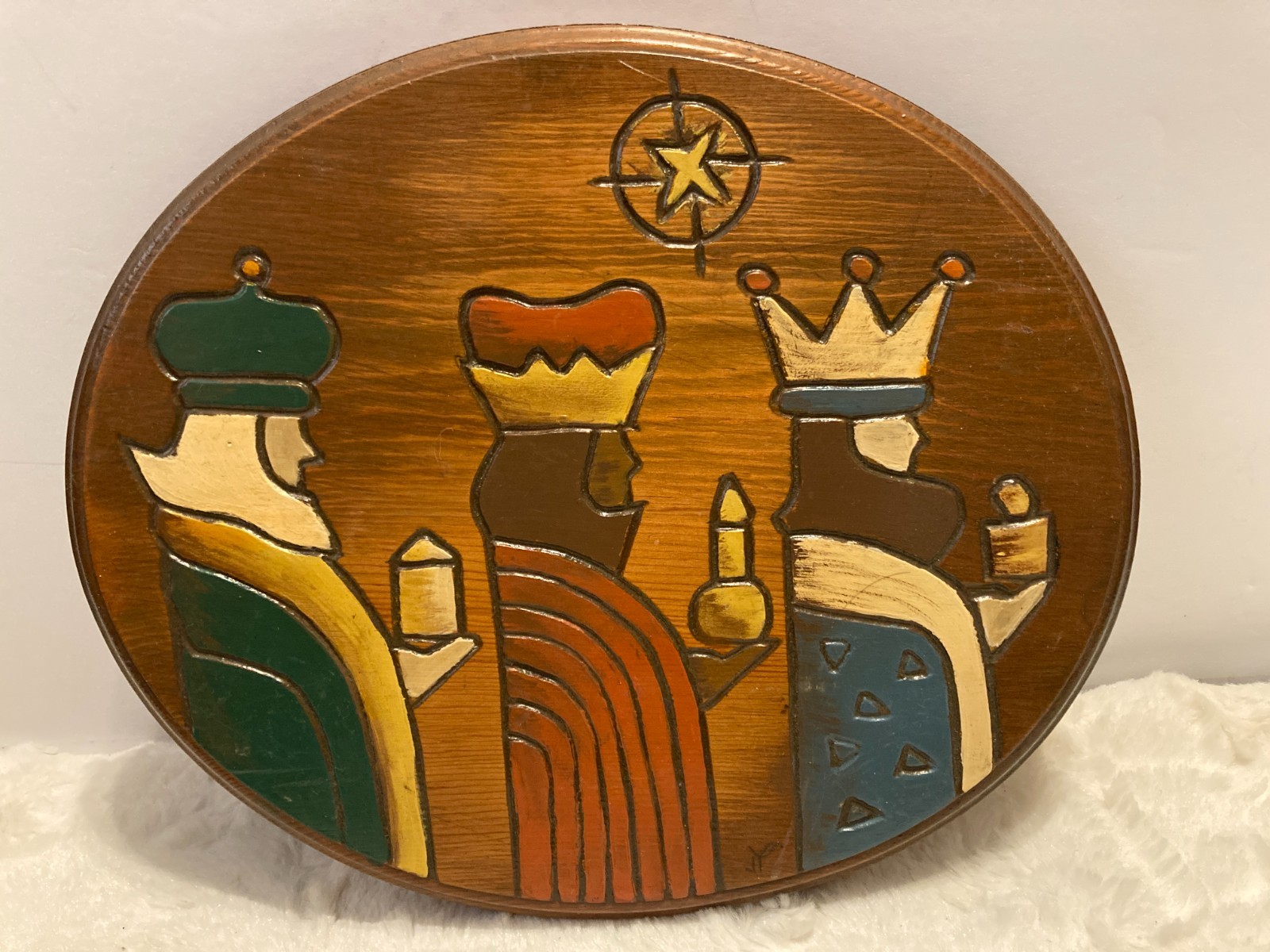 Vintage Hand Carved Wood Three Wise Men Oval Nativity Wall Plaque Signed JP