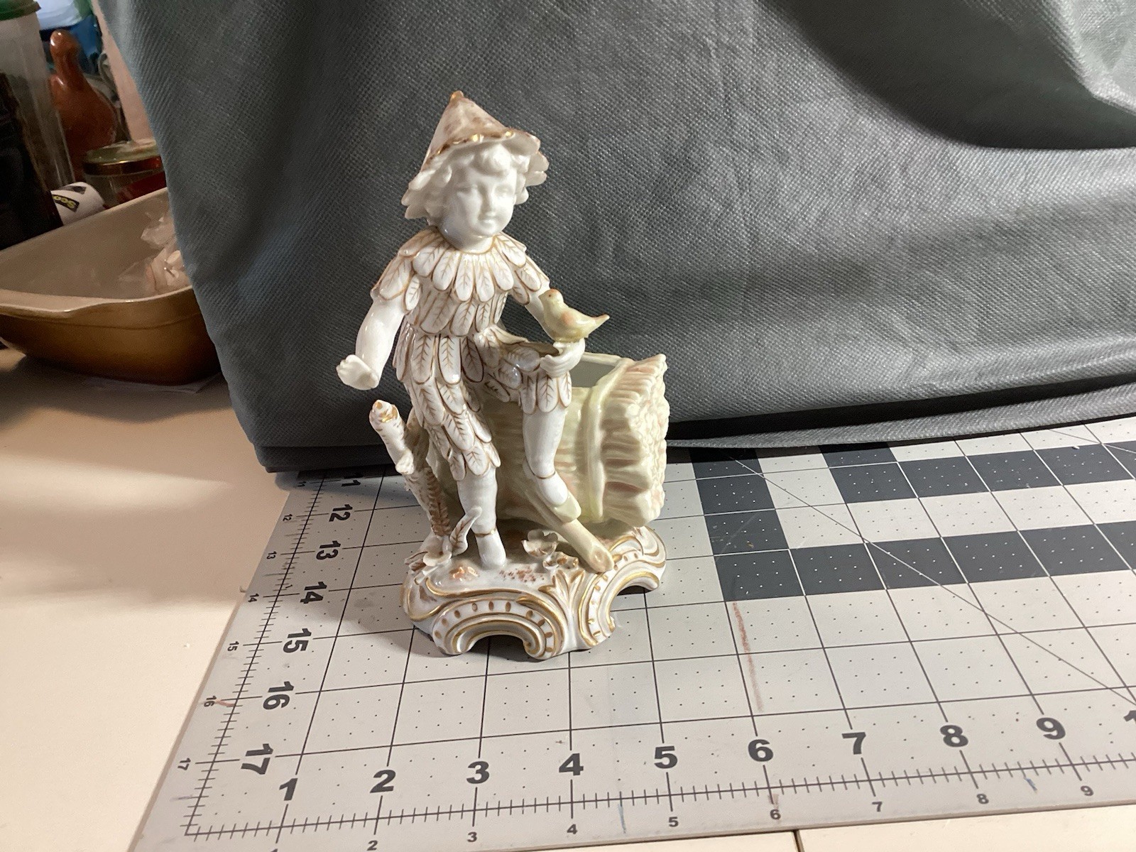 Volkstedt German Porcelain Figurine Boy Vase with Flowers Gold Trim Vintage Volkstedt German Porcelain Figurine Boy Vase with Flowers Gold Trim Vintage