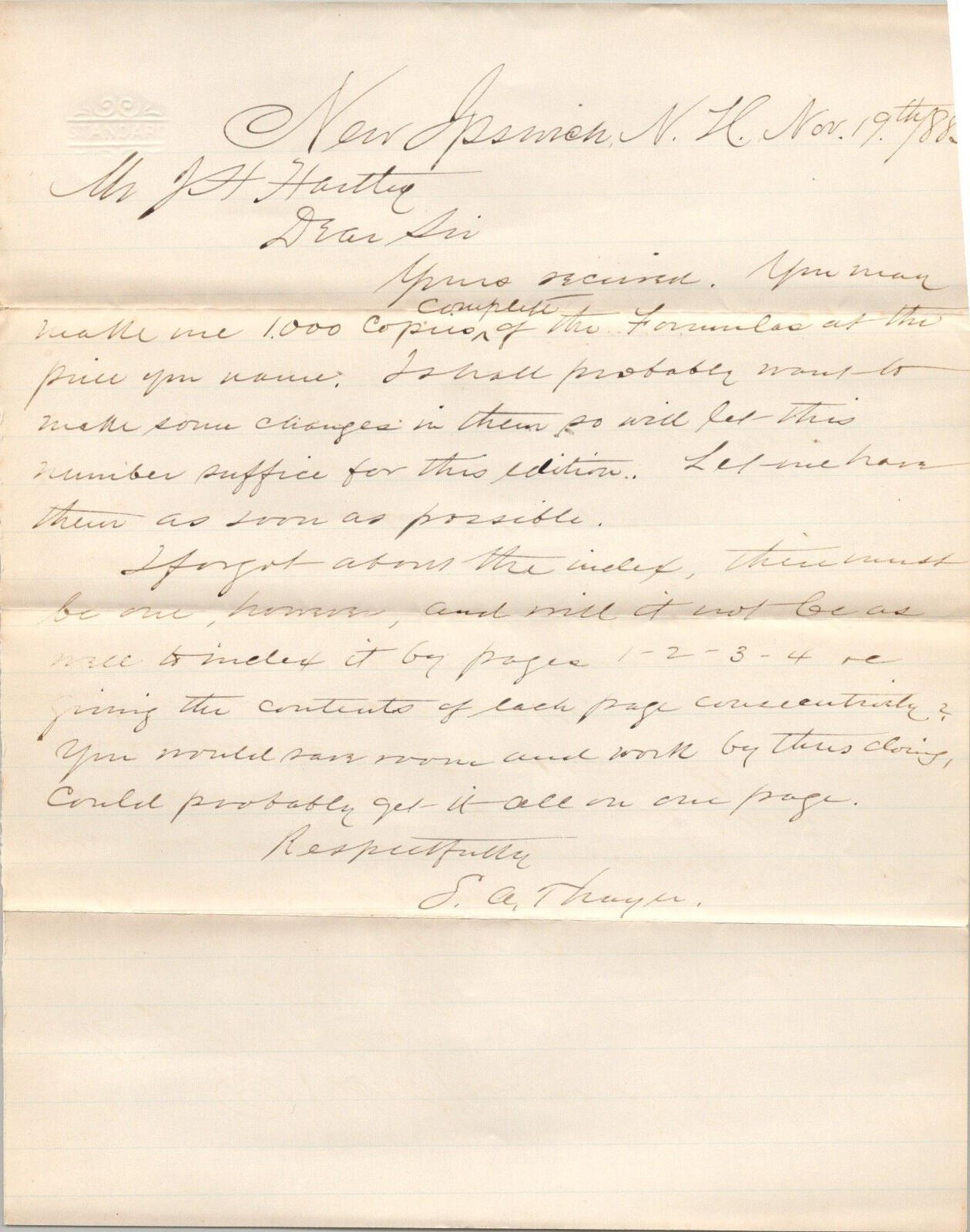 1883 Handwritten Letter Stephen A Thayer Signed Ipswich New Hampshire NH