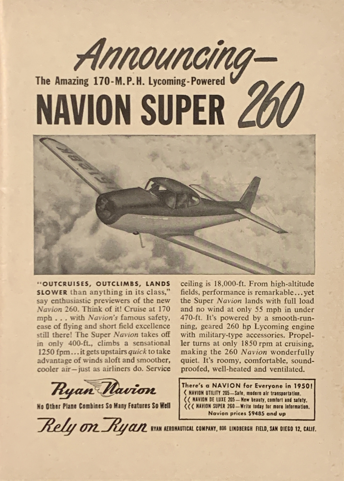 1950 Navion Super 260 Airplane PRINT AD Lycoming-Power Ryan Aeronautical VTG 50s