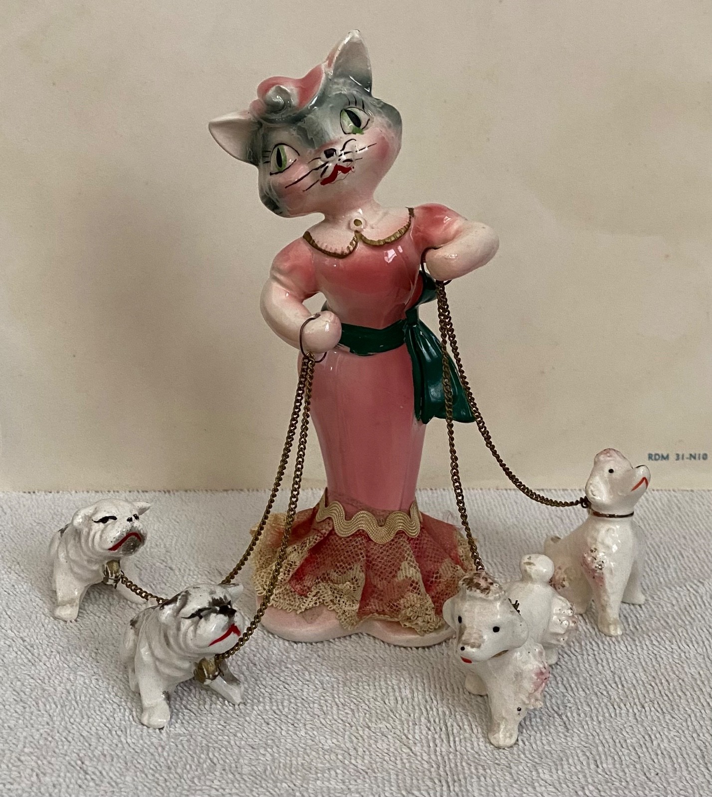 Vintage Anthropomorphic Girl Cat Figurine w/Poodle & Bulldog Pets - Gorgeous Cat