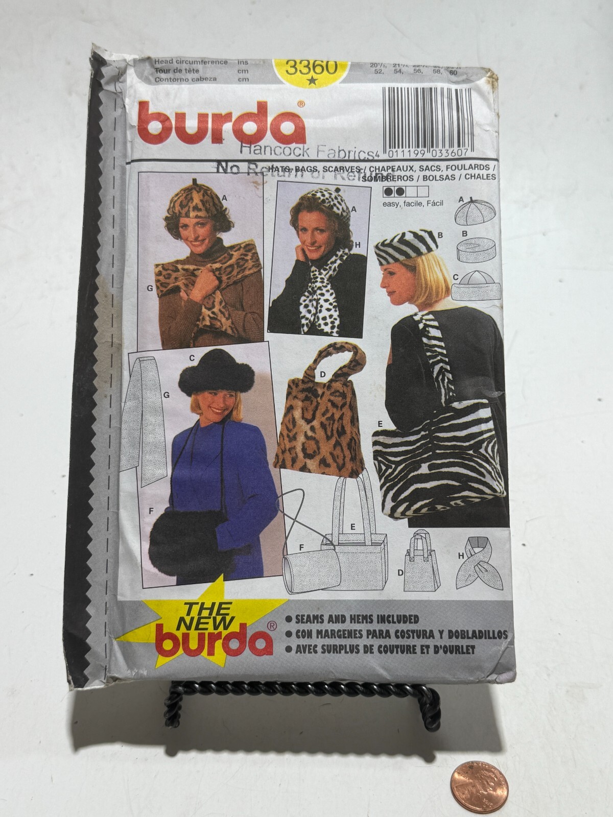 BURDA Pattern 3360 8X Hats, Bags, + Scarves Head Sizes 52-60