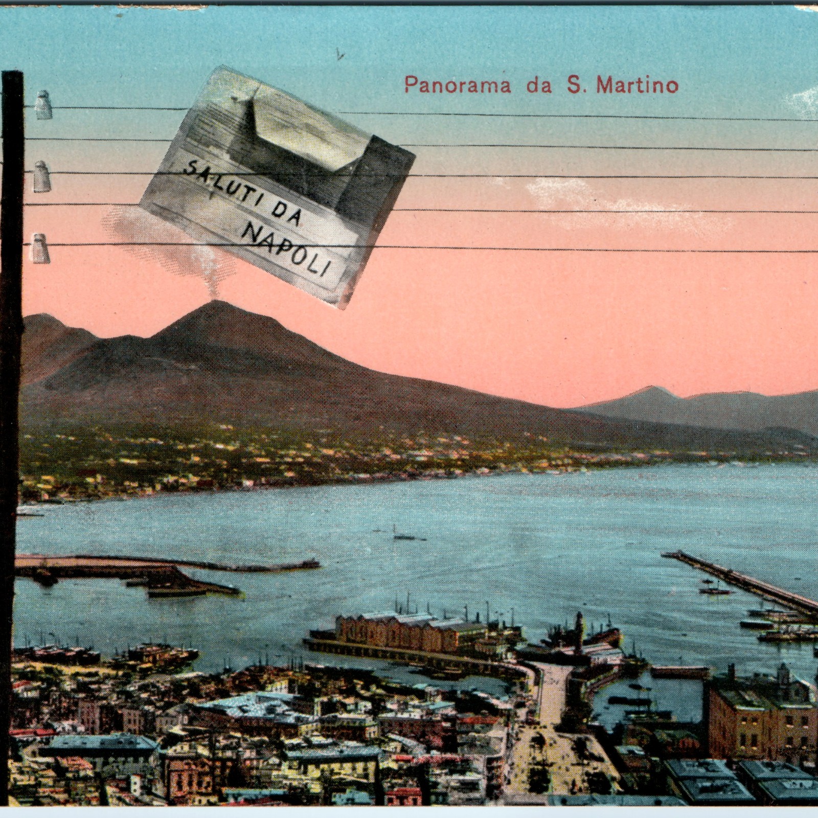 c1910s Naples Italy Mount Vesuvius Telegraph Postcard Da Napoli San Martino Bay