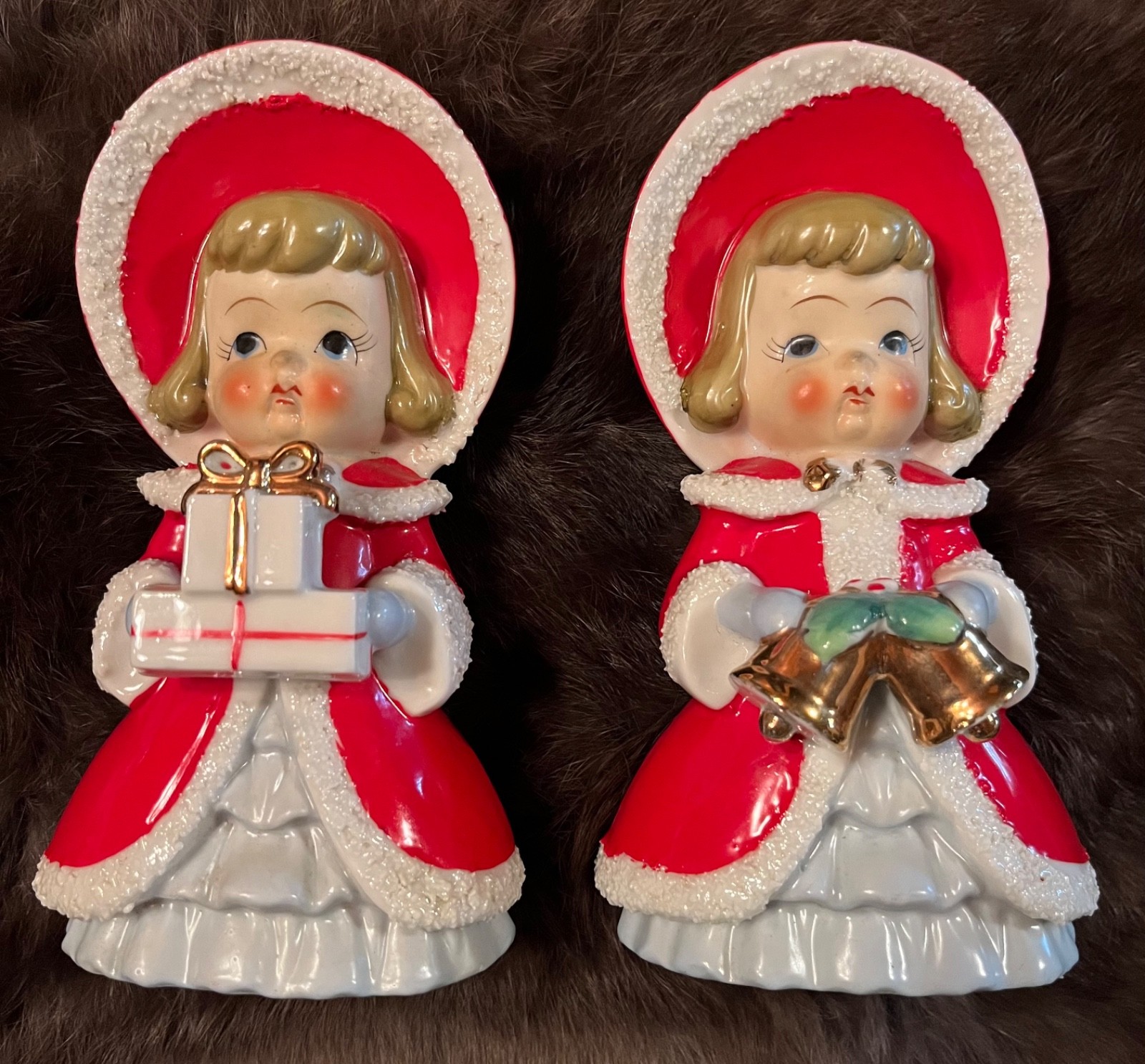 2 Vintage Thames Christmas Girl Ceramic w/ Spaghetti Trim Japan w/ Bells & Gifts