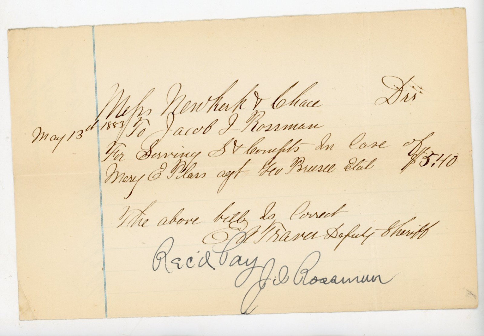 1883 Deputy Sheriff Receipt  Jacob J. Rossman Summons Mary E. Ellas Geo. Bruce