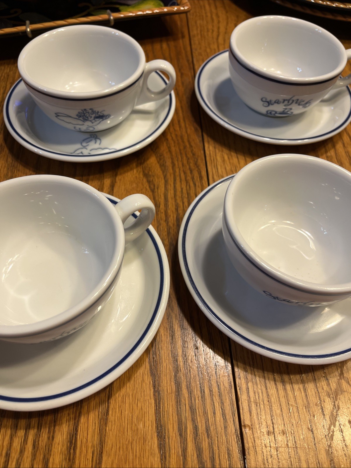 (4) Vtg 1994 STARBUCKS Coffee Cup & Saucer DINER-STYLE Blue White Rosanna (4) Vtg 1994 STARBUCKS Coffee Cup & Saucer DINER-STYLE Blue White Rosanna
