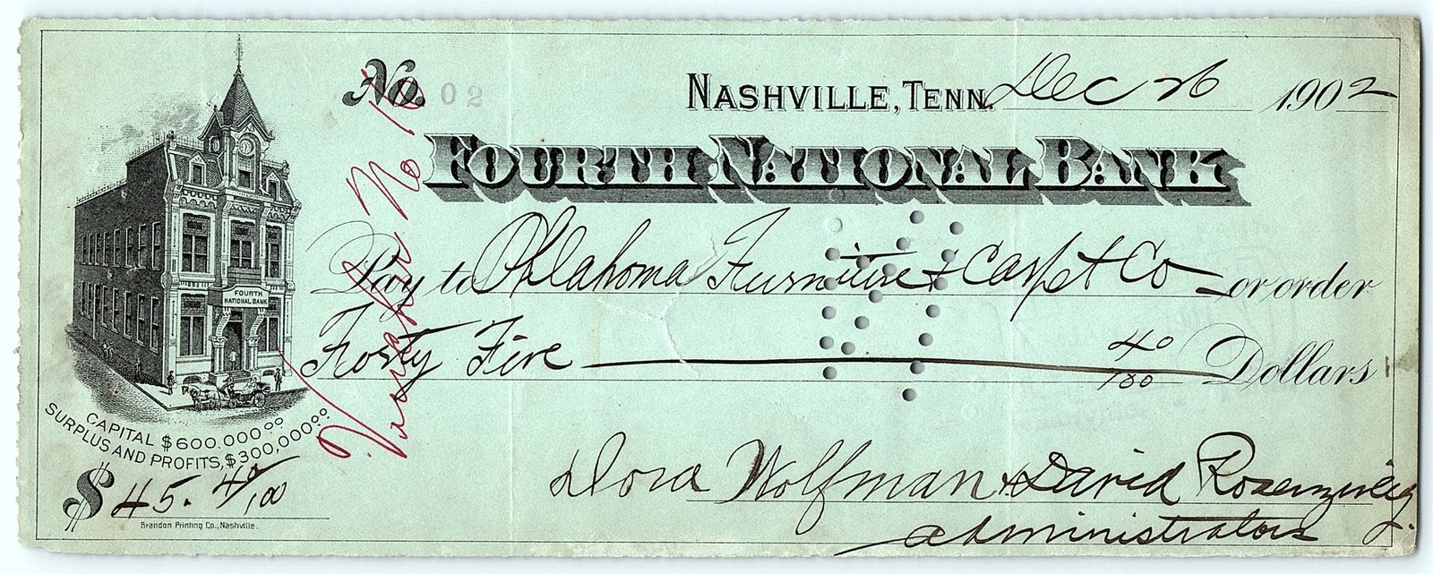 1902 Nashville, Tenn. Fourth National Bank $45 vintage check