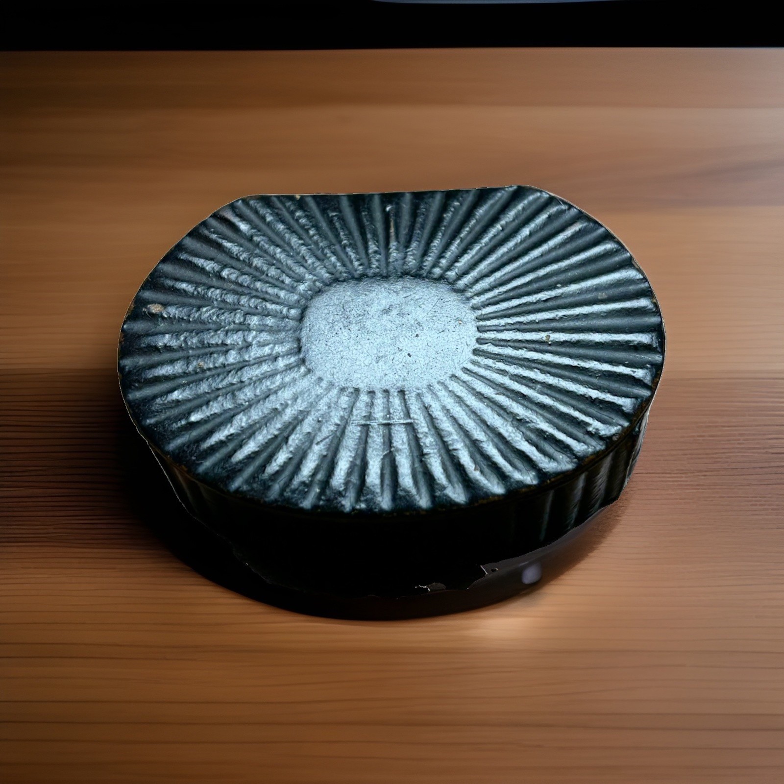 Antique Early Victorian Black Paper Mache Snuff Box Oval Hinged Sunburst Pattern