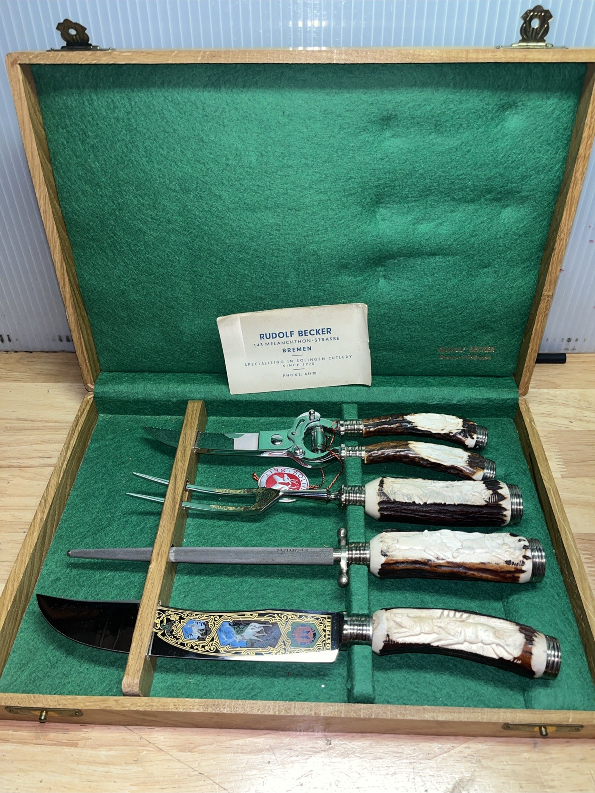 Vintage German Stag Handle Carving Knife Set - F. Dick (?) Anton Wingen Jr. (?)