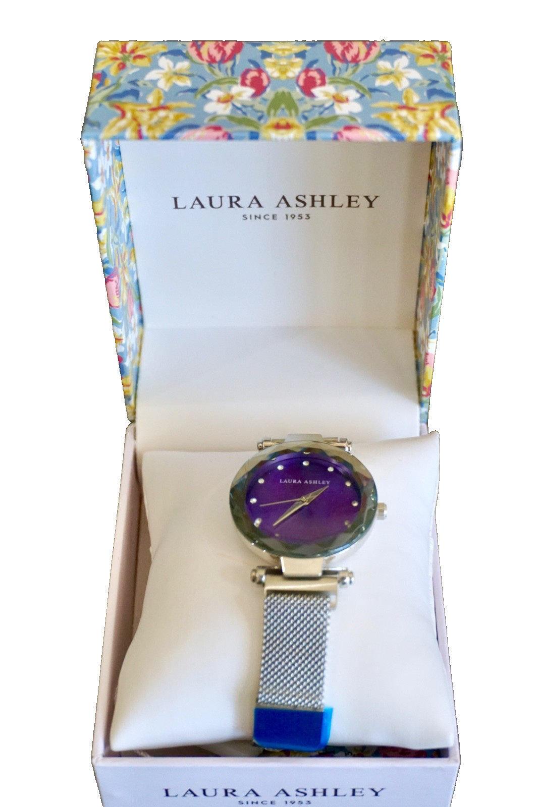 NEW Laura Ashley Mesh Facet Purple Sunray Dial Watch Silver-Tone $345 NIB