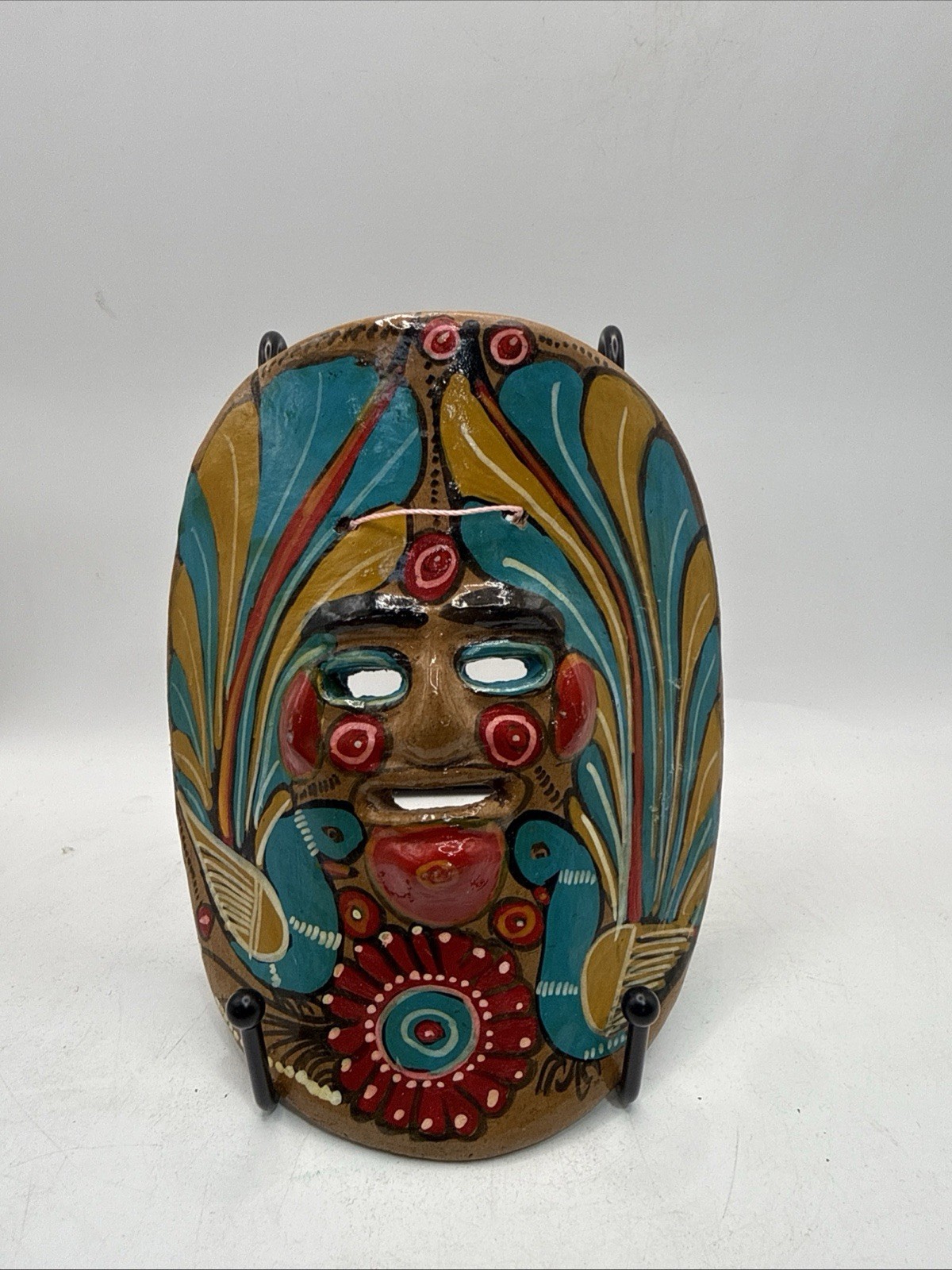 Vintage Mexican Folk Art Terracotta Clay Mask Hand Painted Birds Wall Decor 6” *