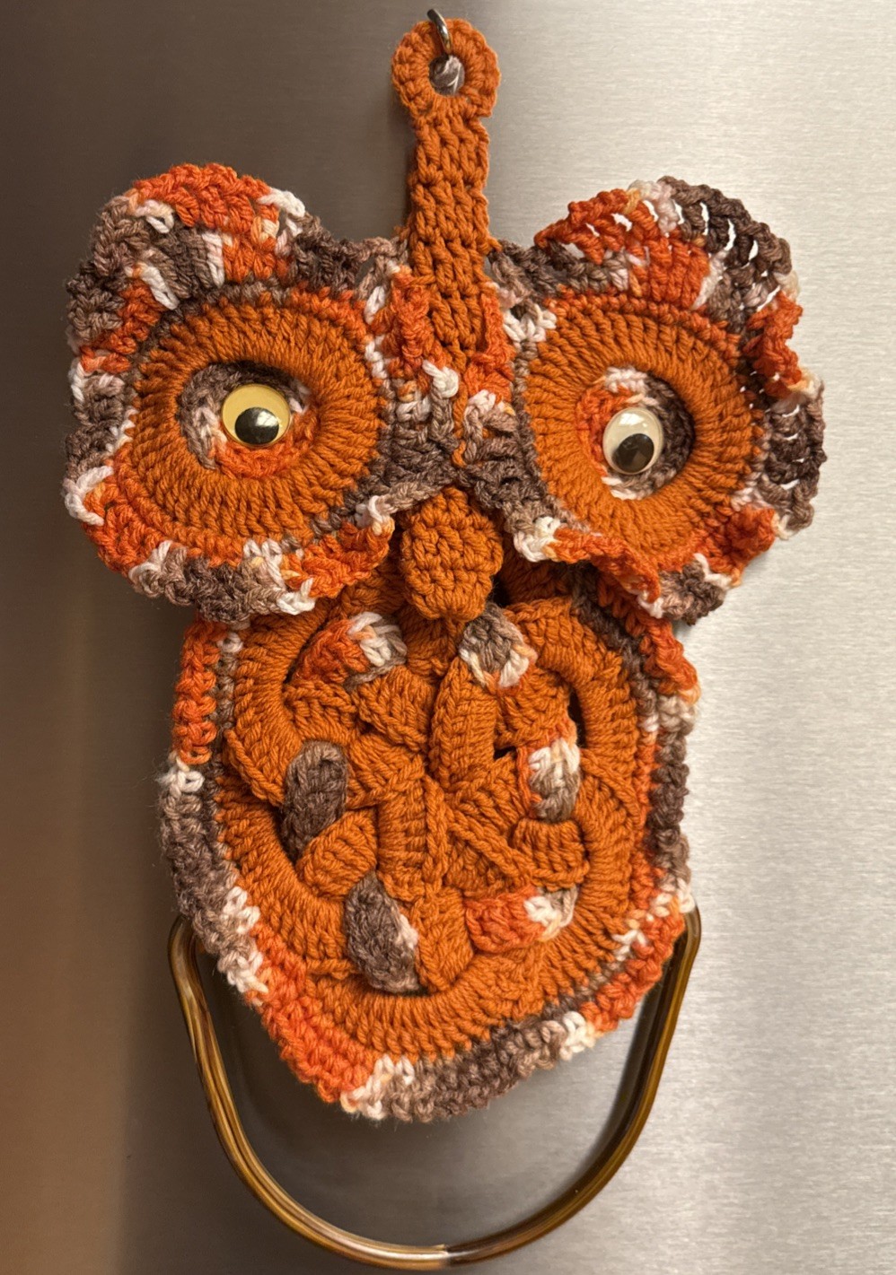 Vintage 1970s Boho  Owl Macrame Wall Hanging Orange Grandma Kitchen MCM