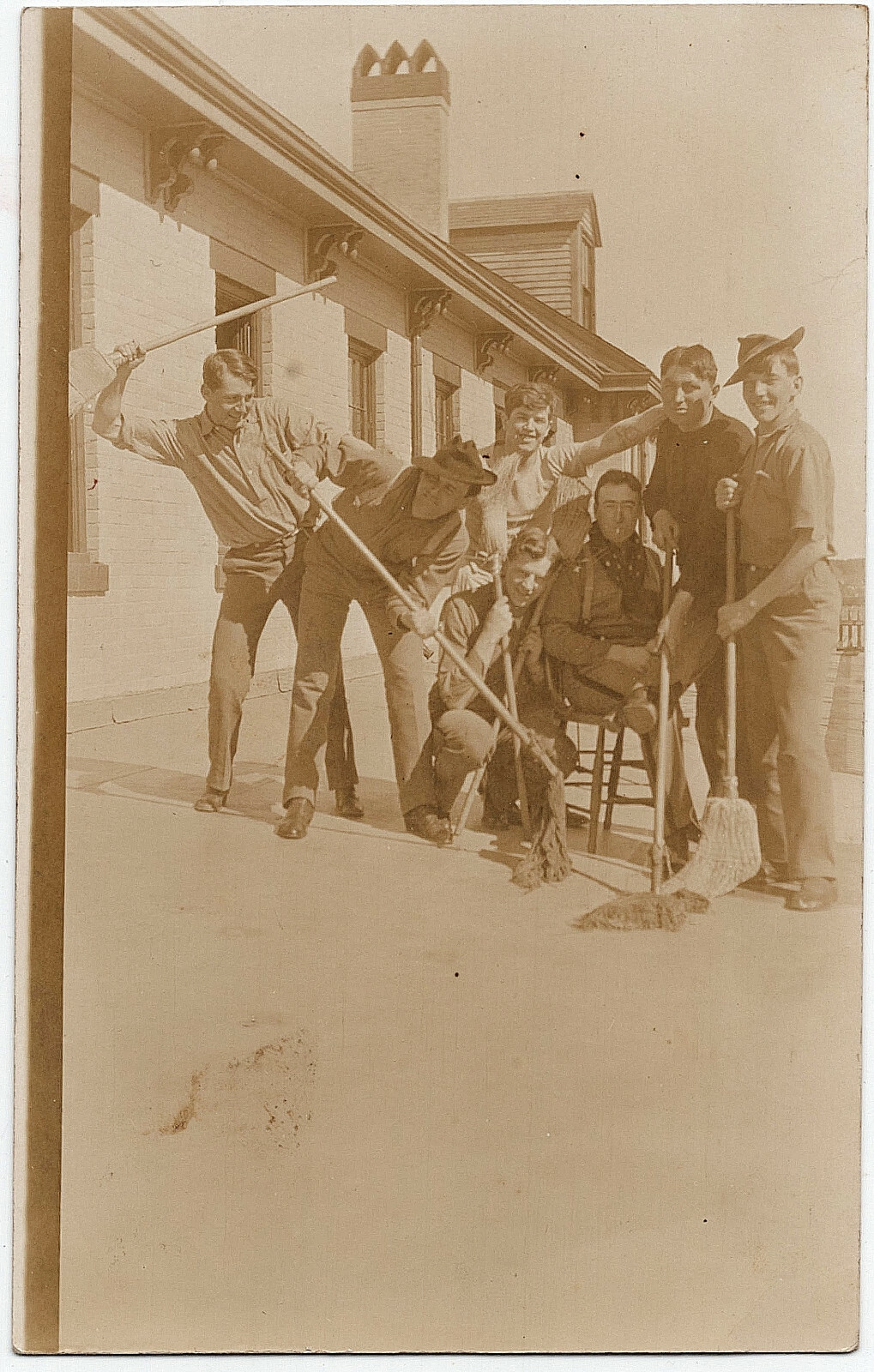 Funny RPPC 1907-18 Men Fight with Brooms Occupational Real Photo Postcard Work Funny RPPC 1907-18 Men Fight with Brooms Occupational Real Photo Postcard Work