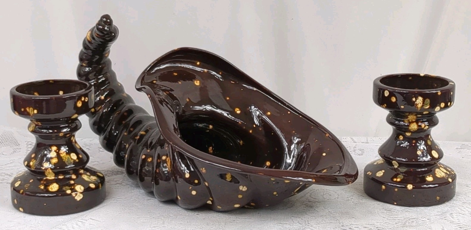 Vtg Cornucopia Horn W/ 2 Matching Vases Thanksgiving Centerpiece Glazed Pottery 