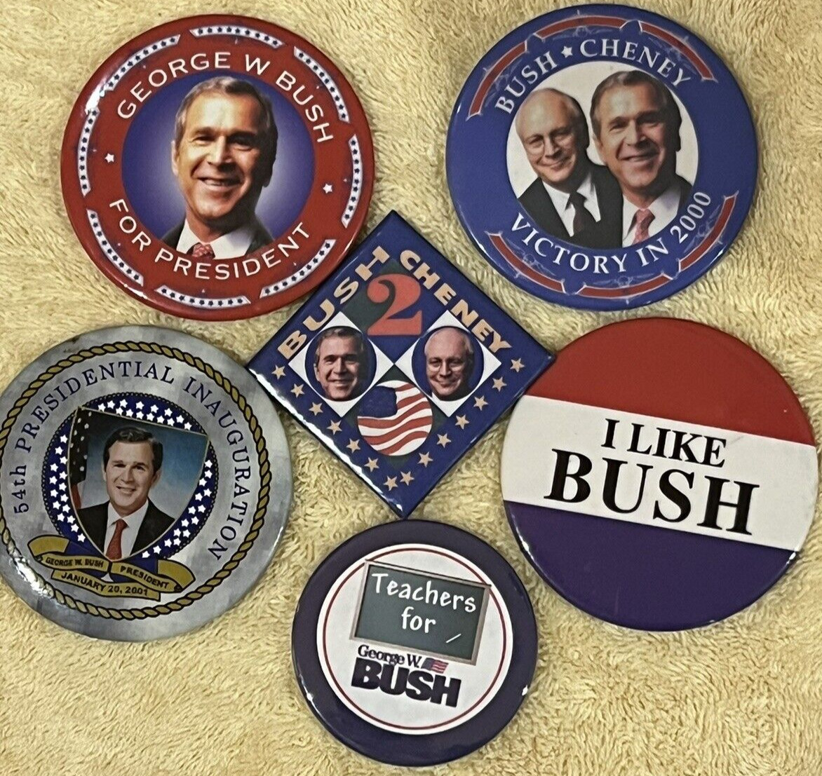 Lot Of 6 - George W Bush, Cheney Lapel Pins Buttons Vintage SEE PICS