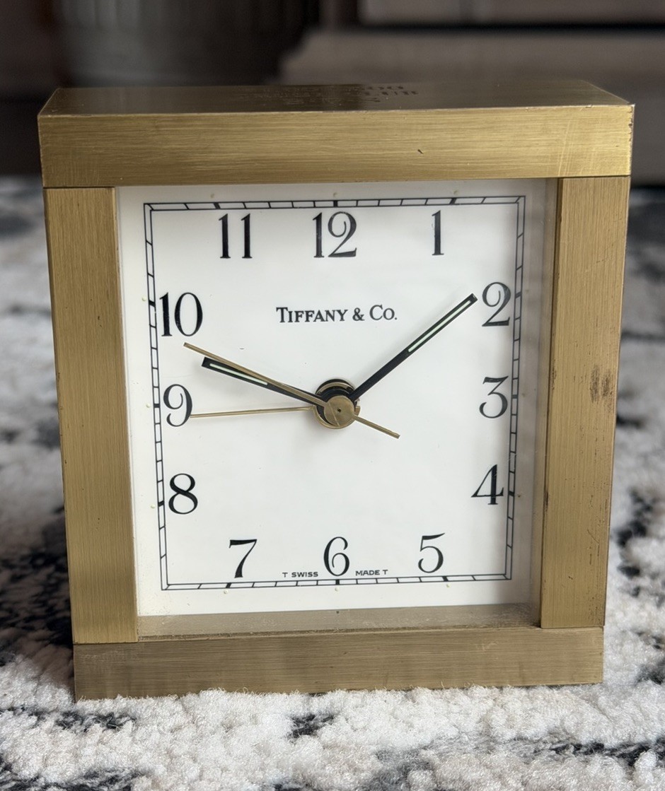 Vintage Tiffany & Co MCM Mid Century Brass Desk Executive Clock Quartz Works