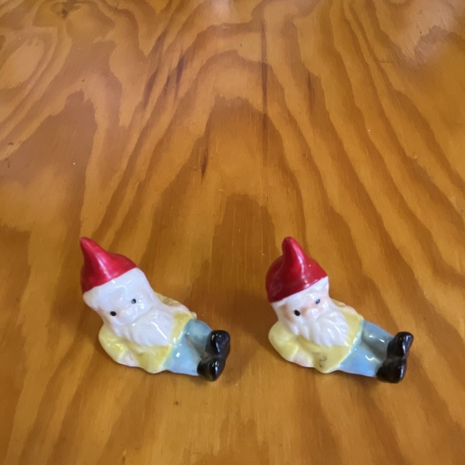 Pair of Small Ceramic Gnome Figurines Red Hats Fantasy Theme (2 pcs)