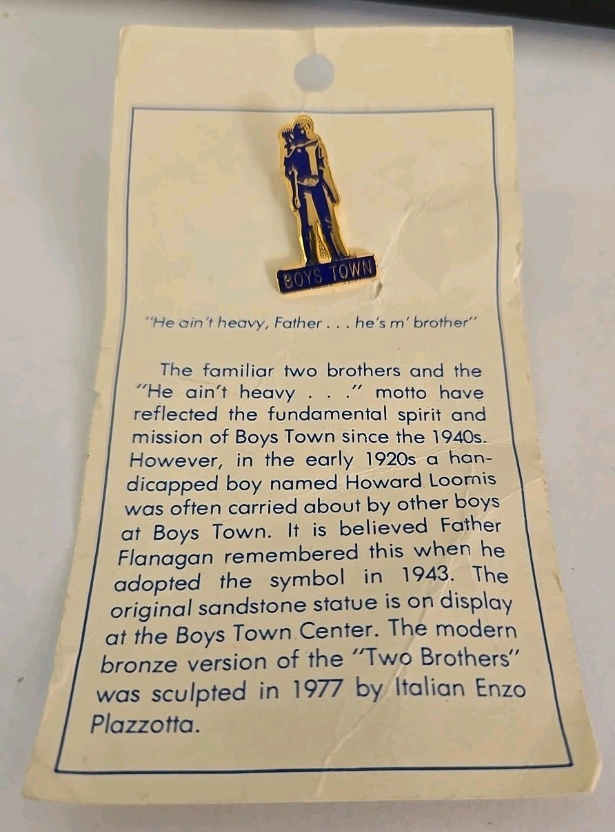 Vtg Boys Town Charity Enamel Pin He Ain\'t Heavy He\'s My Brother On Card