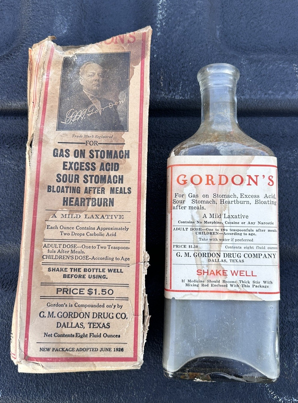 Antique GORDON\'S medicine bottle w/ box Dallas, Texas Morphine Cocaine