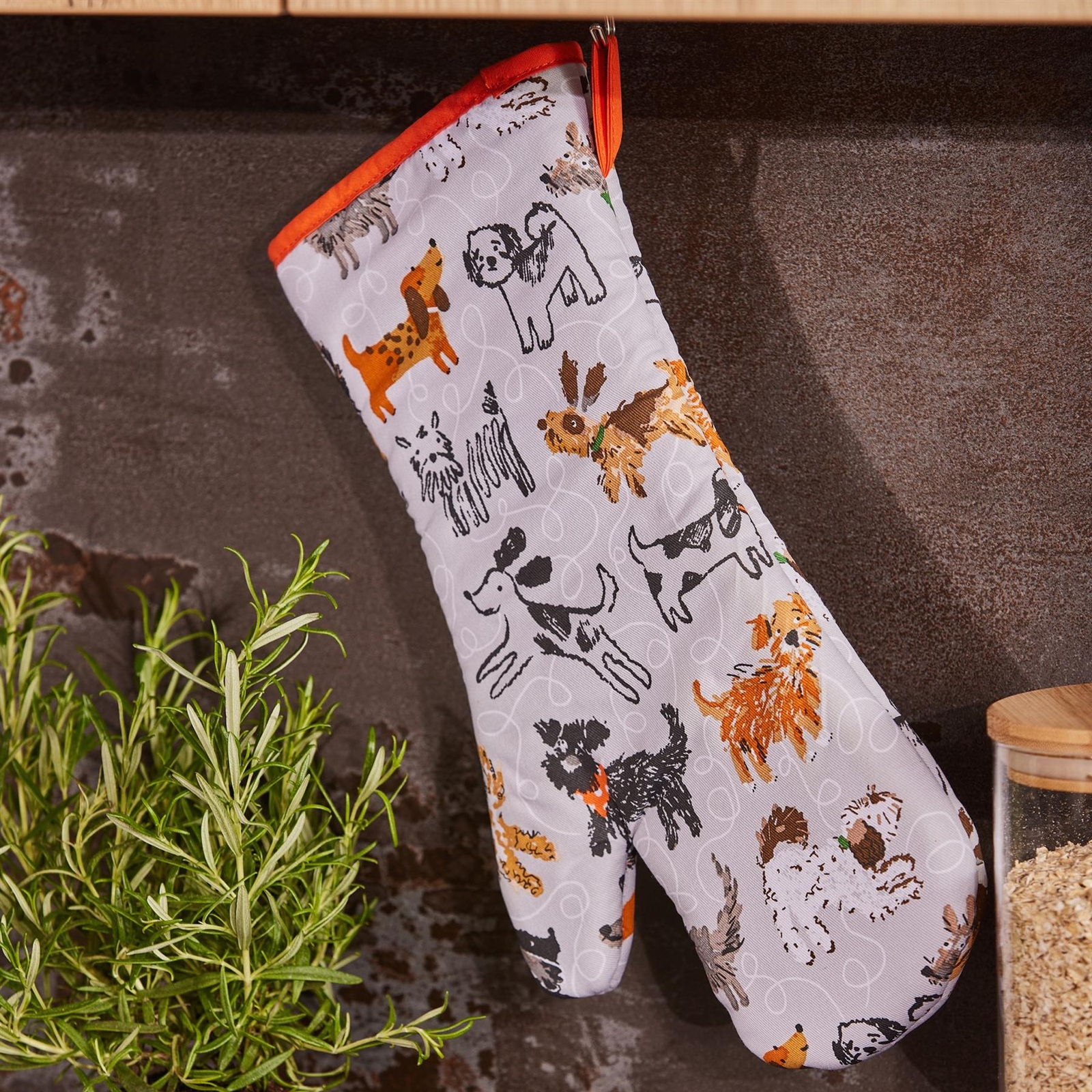Gauntlet Oven Glove Ulster Weavers Dog Days 100% Cotton Grey