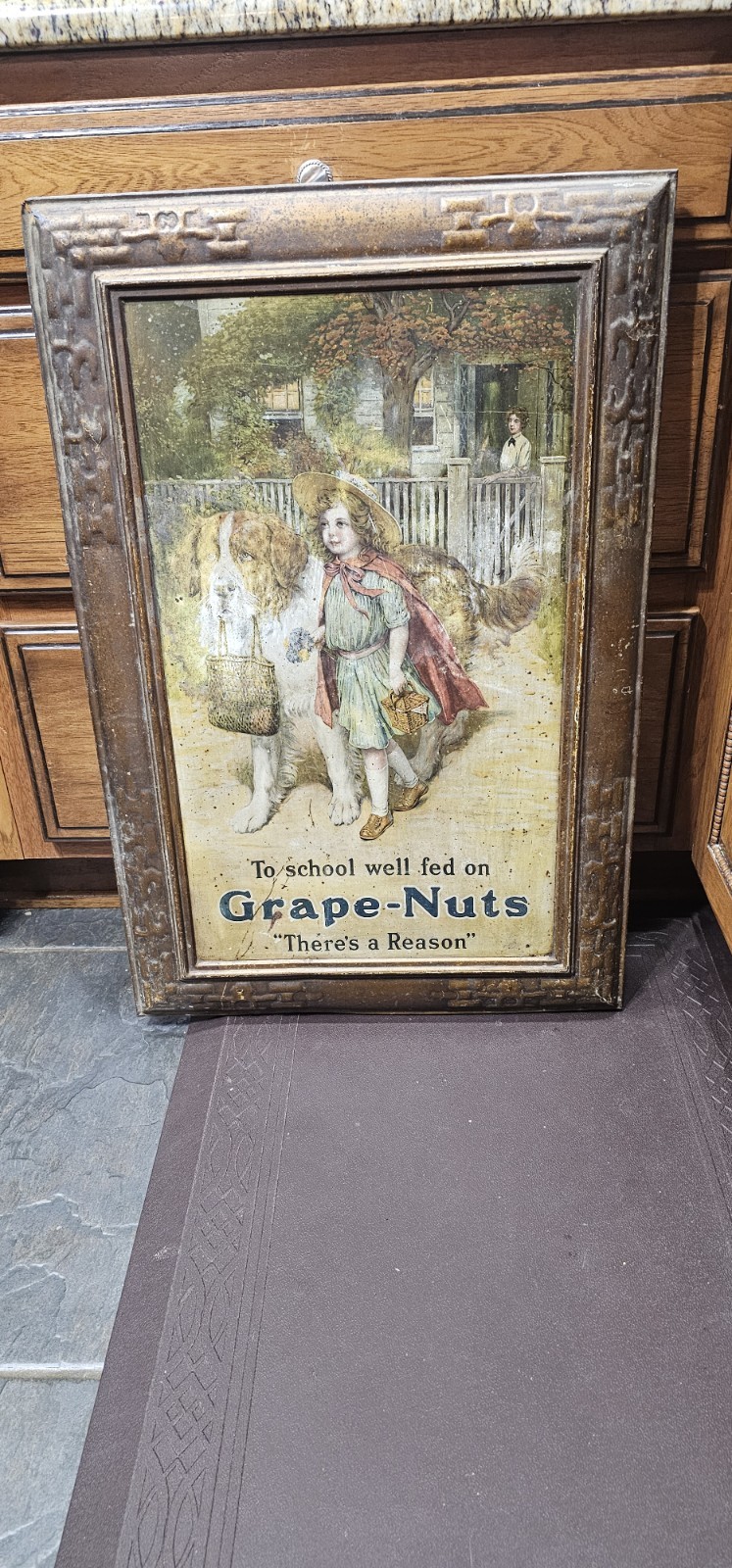 1910s ORIGINAL ANTIQUE GRAPE NUTS TIN LITHO ADVERTISING SIGN To School Well Fed