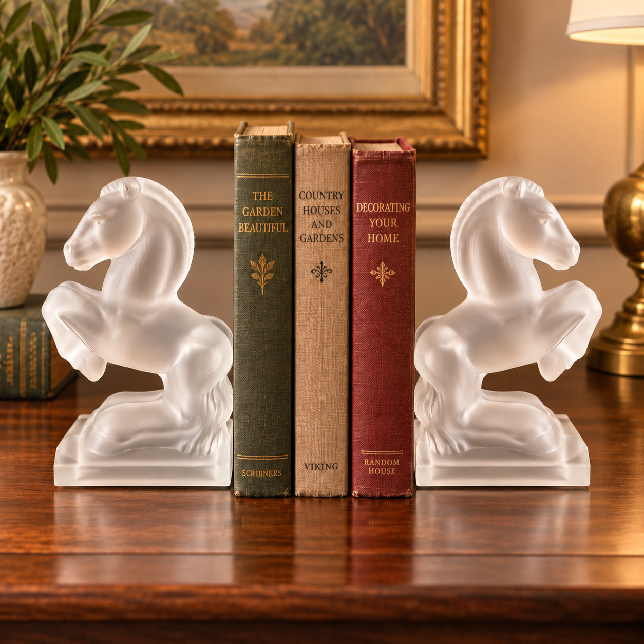 Vintage Pair of LE Smith Frosted Glass Horse Bookends - Art Deco - 1940s (B)