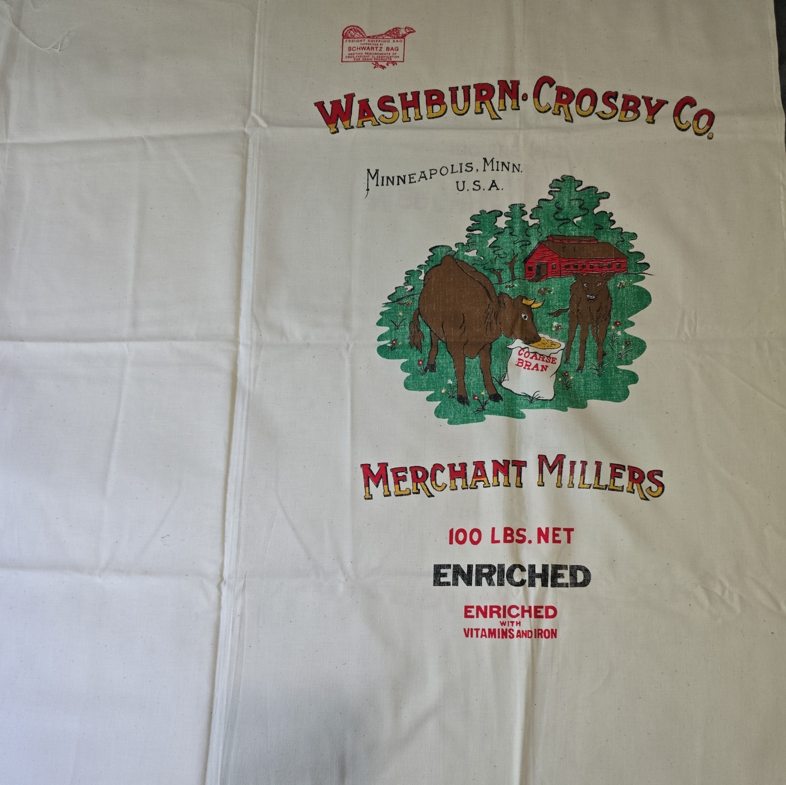 (2) Vintage Washburn Crosby Co Merchant Millers Grain Flour Sack Fabric Farm Cow