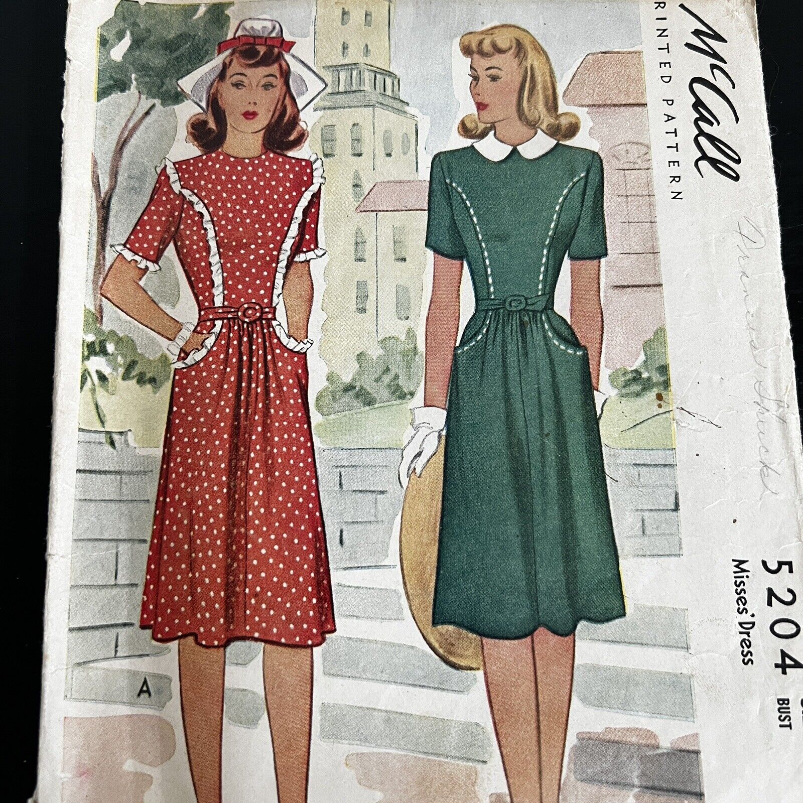 Vintage 1940s McCalls 5204 Front Seam Dress Pockets Collar Sewing Pattern 14 CUT