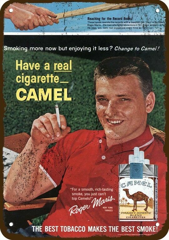 1962 Yankees ROGER MARIS Smokes Camel Cig Vnt-Look DECORATIVE REPLICA METAL SIGN