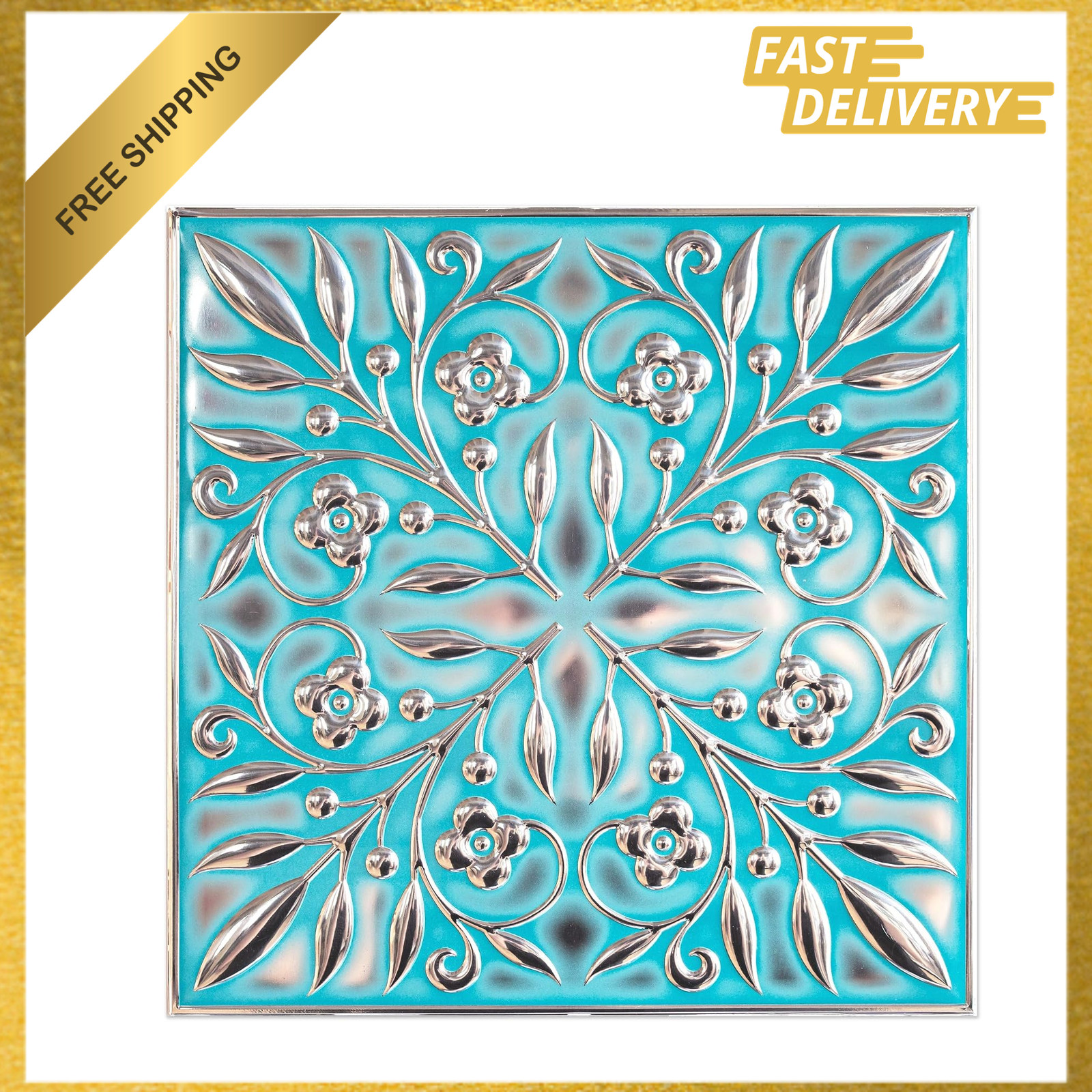 Peel And Stick Metal Tiles, Teal Silver Leaves, 10 Pack, 8x8 Inch Wall Decor